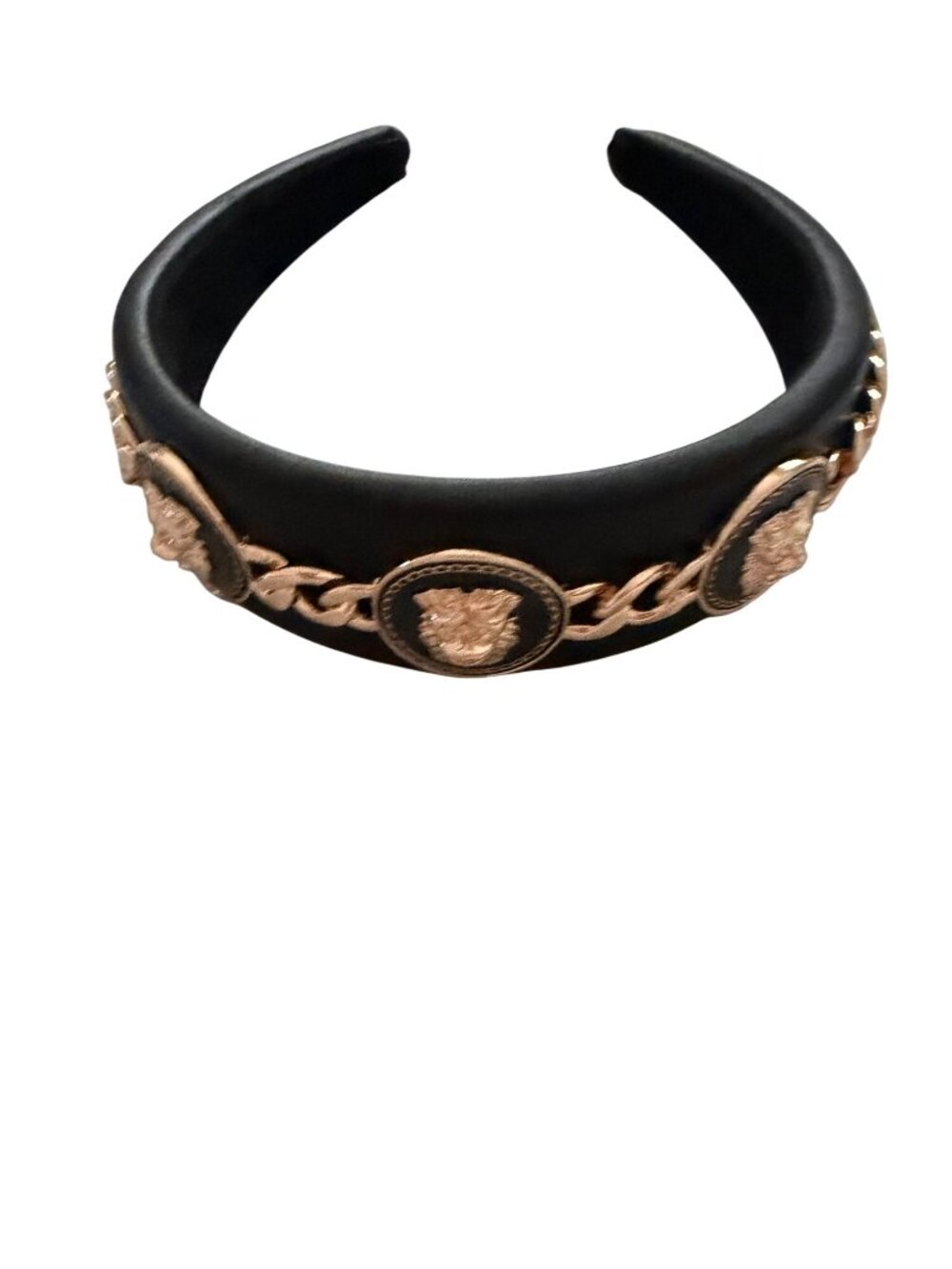 Enameled Lion Head Chain Womens Headband Padded Leather One size Black Gold New